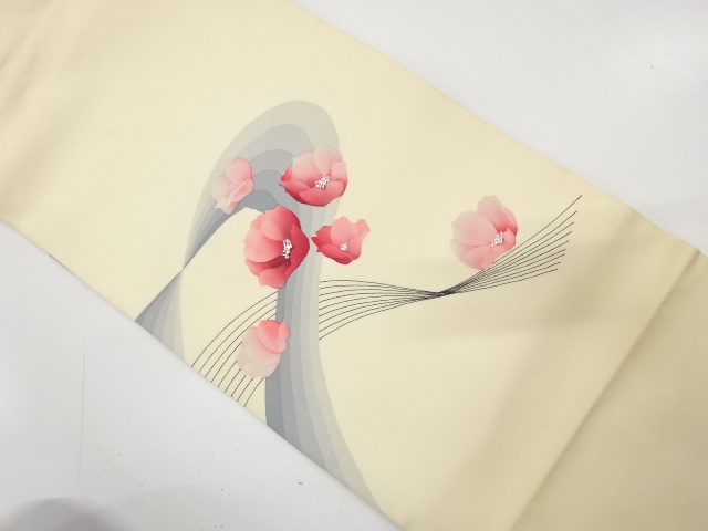 塩瀬　手描き　流水に椿模様　名古屋帯